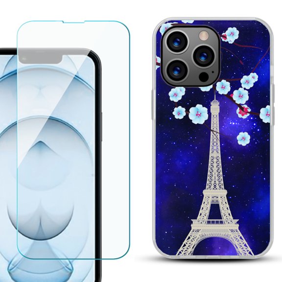 Slim-Fit Gel TPU Phone Case for iPhone 13 Pro Max, with Tempered Glass Screen Protector, by OneToughShield ® - Eiffel Tower Stars