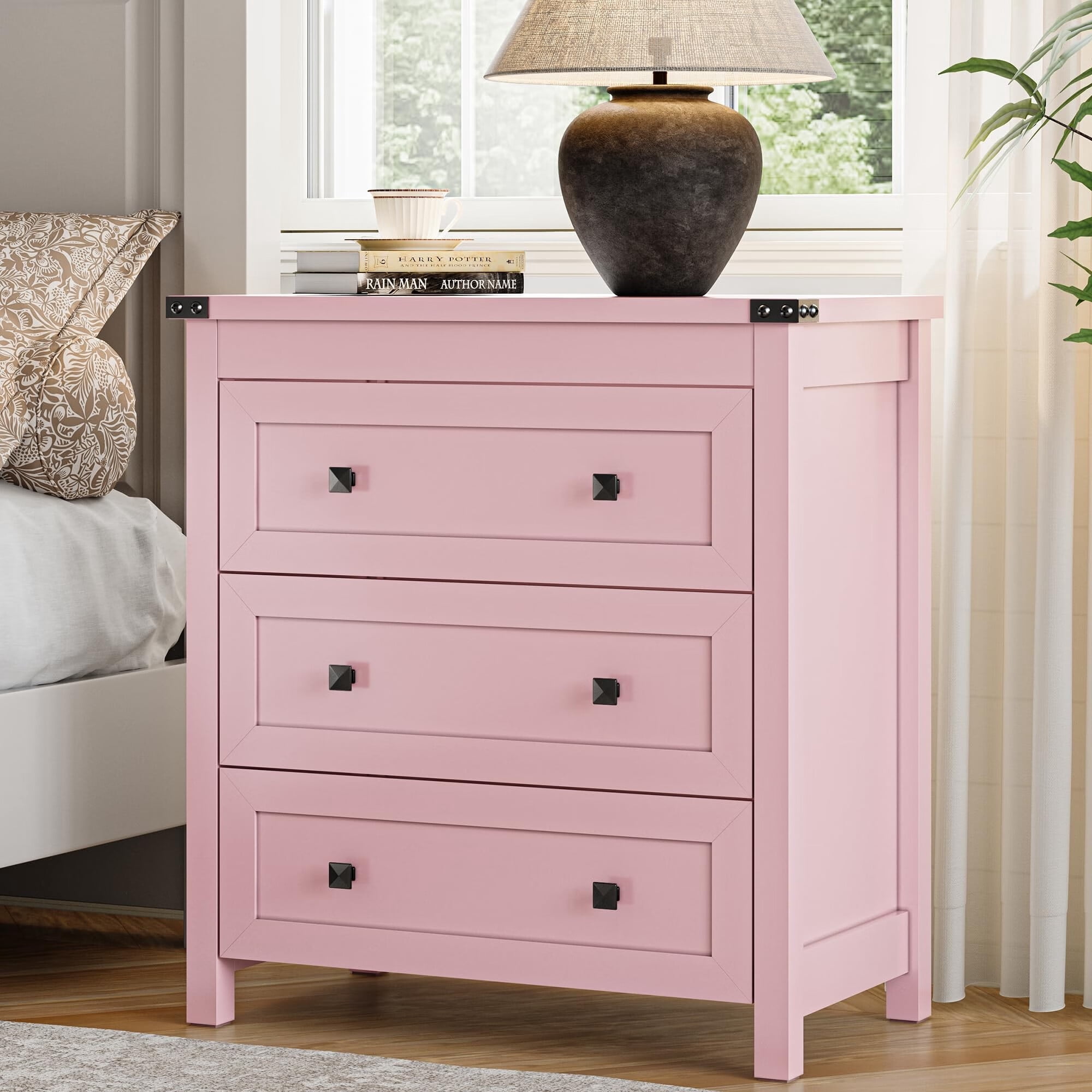 FANRAL Nightstand Set of 2,3 Large Drawer,29.5" Tall Night Stand,27.5" Wide Side Table,Wood Bedside Table Modern End Table,Small Wide Dresser for Bedroom,Pink Nightstand