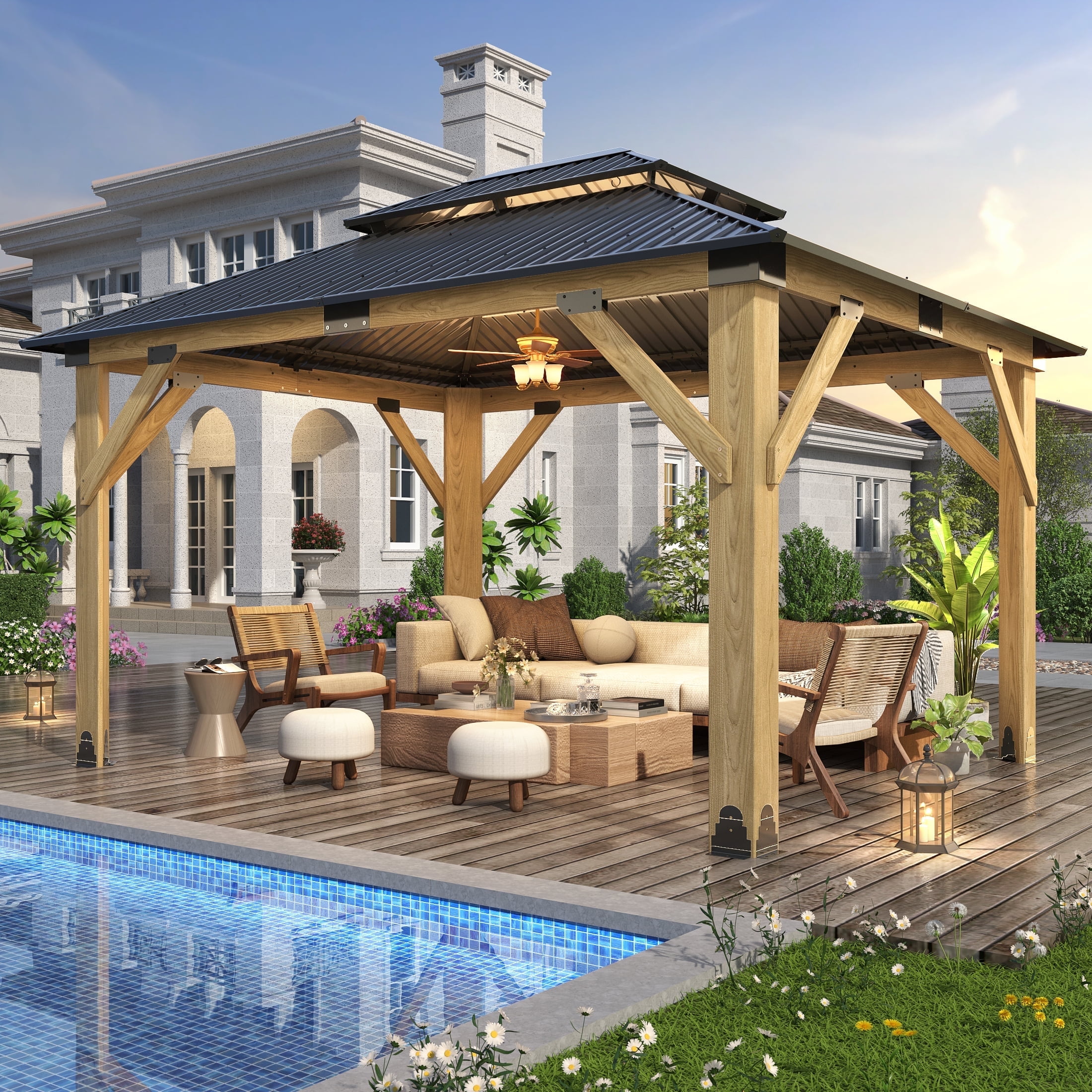 Howsvn 11 x 13 ft. Patio Cedar Wood Hardtop Gazebo, Double Metal Roof Wooden Gazebos for Backyard, Deck, Lawns