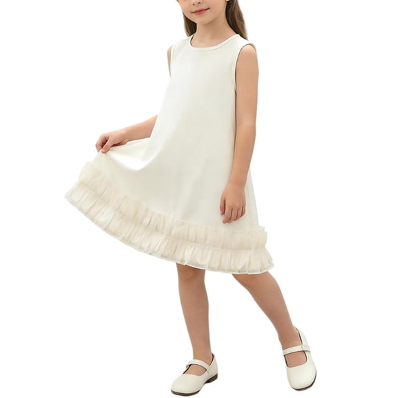 Cethrio Summer Dresses for Girl 2026, School Sleeveless Crew Neck Casual Kids Midi Dresses Beige Size 7-8 T