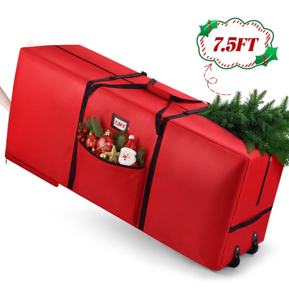 Yexmas 7.5FT Christmas Tree Storage Bag with Wheels,Waterproof Christmas Tree Bag for Artificial Trees with Extra Storage Pockets,Red