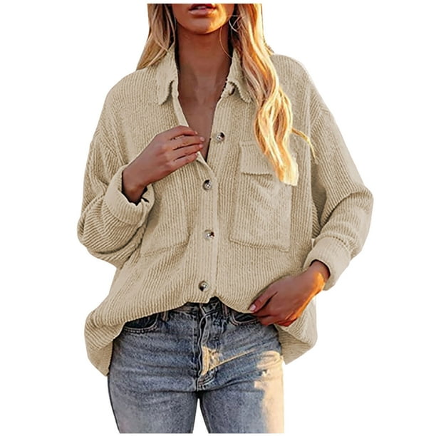 Puntoco Cárdigan de pana con botones para mujer, manga larga, solapa, camisa acolchada suelta, tops con bolsillo Puntoco Puntoco-1