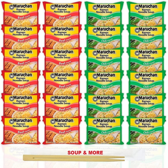 Maruchan Ramen Instant Noodle Soup Variety, 2 Flavors - 12 Packs Beef & 12 Packs Chili , 3 Ounce Single Servings Lunch / Dinner Variety