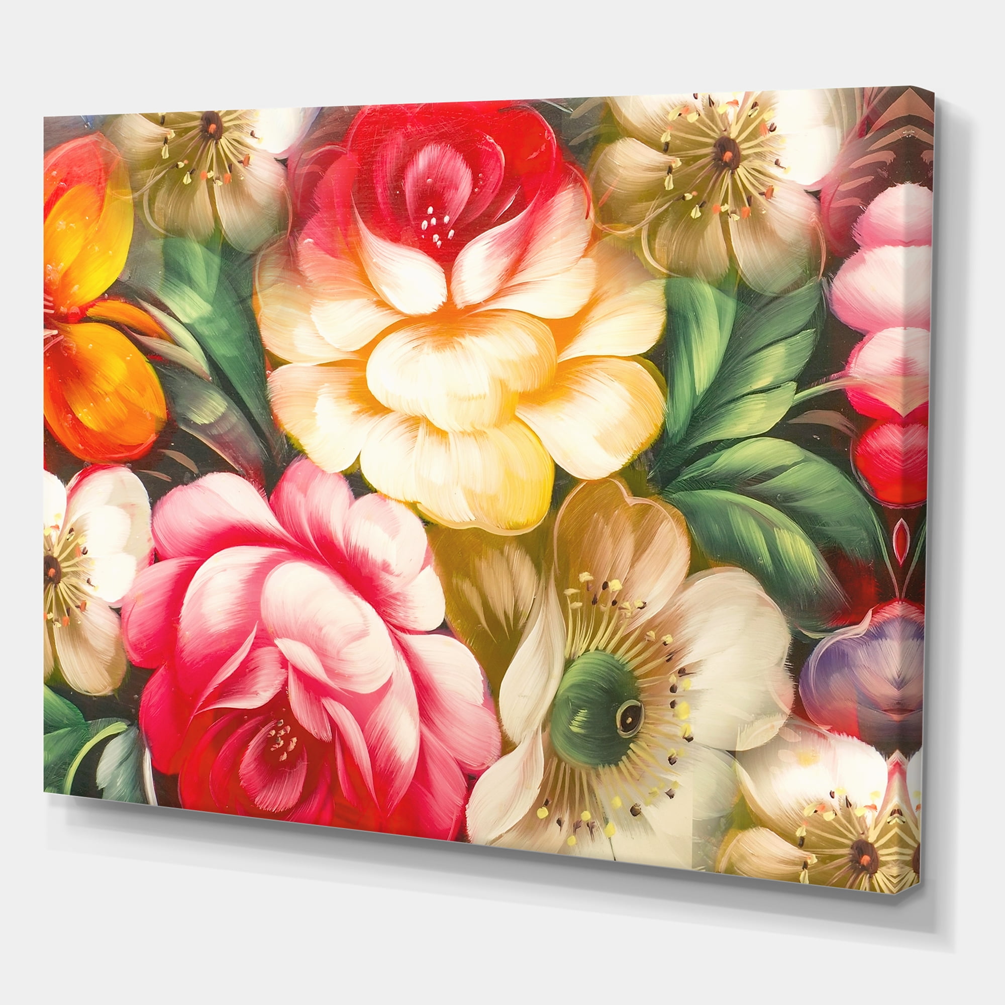 Designart ' Red and Yellow VIntage Flowers ' Traditional Canvas Wall Art Print