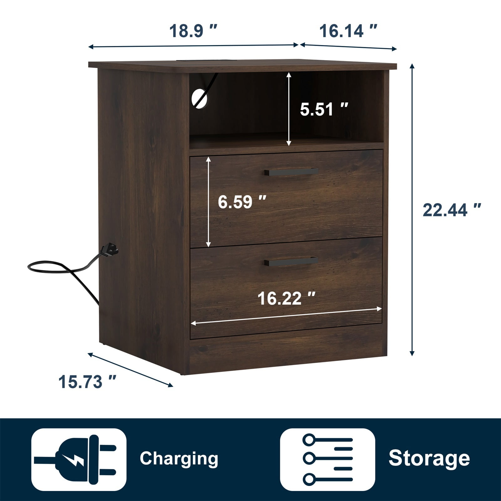 Hommoo 2 Drawer Nightstand with Open Storage, Bedside Table with USB, Brown