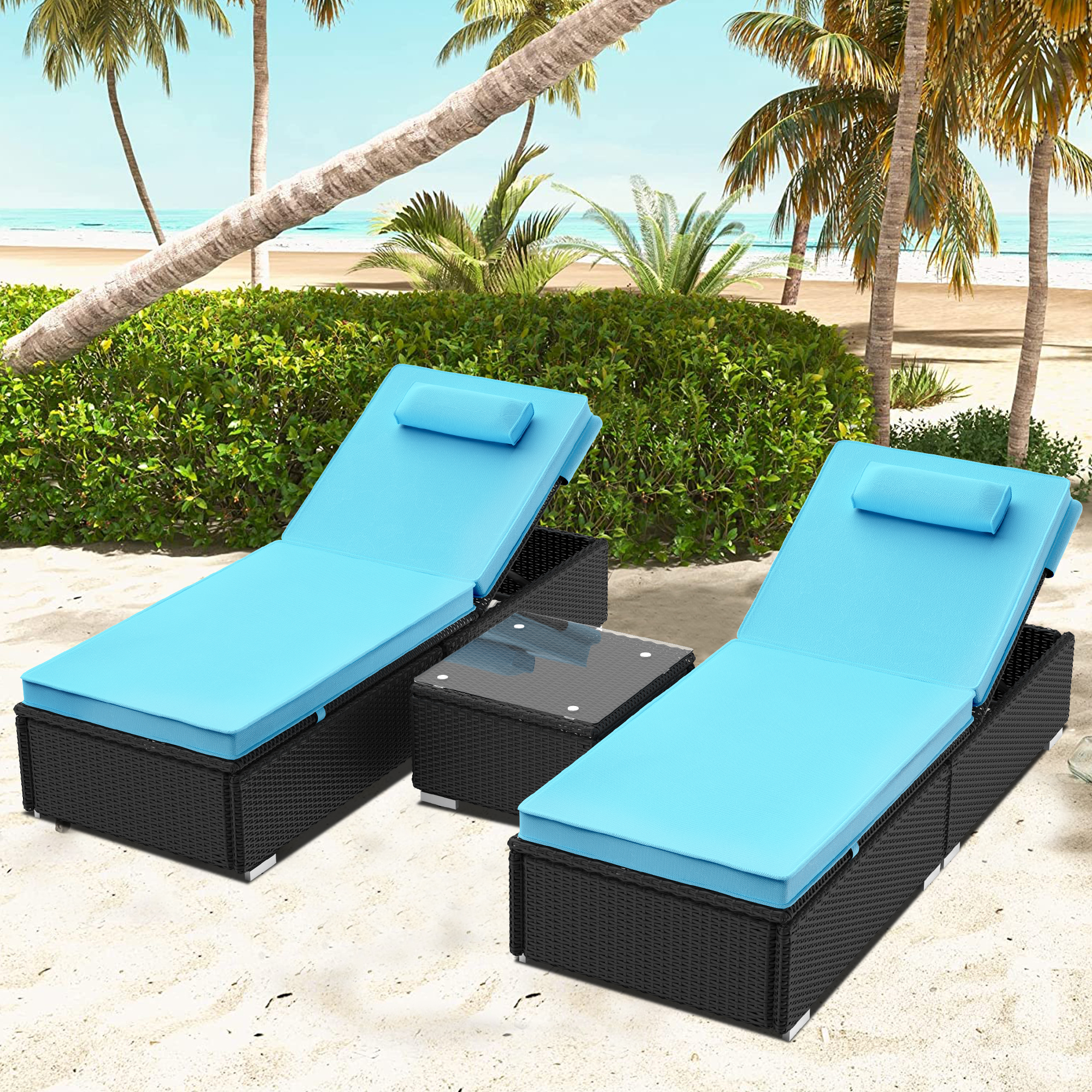 SESSLIFE 2 PCS Lounge Chair for Outside, Adjustable 5 Position Rattan Wicker Outdoor Chaise Lounge with Head Pillow & Thickened Cushion for Poolside, Patio, Garden, Deck (2, Light Blue) - image 1 of 8