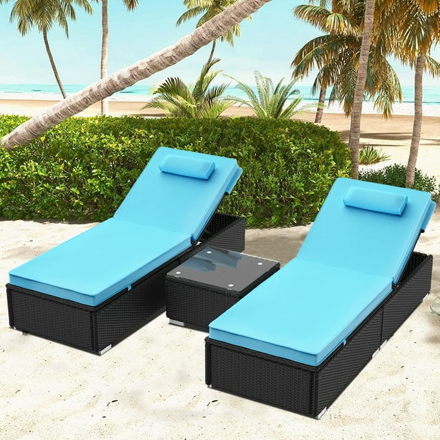SESSLIFE 2 PCS Lounge Chair for Outside, Adjustable 5 Position Rattan Wicker Outdoor Chaise Lounge with Head Pillow & Thickened Cushion for Poolside, Patio, Garden, Deck (2, Light Blue)