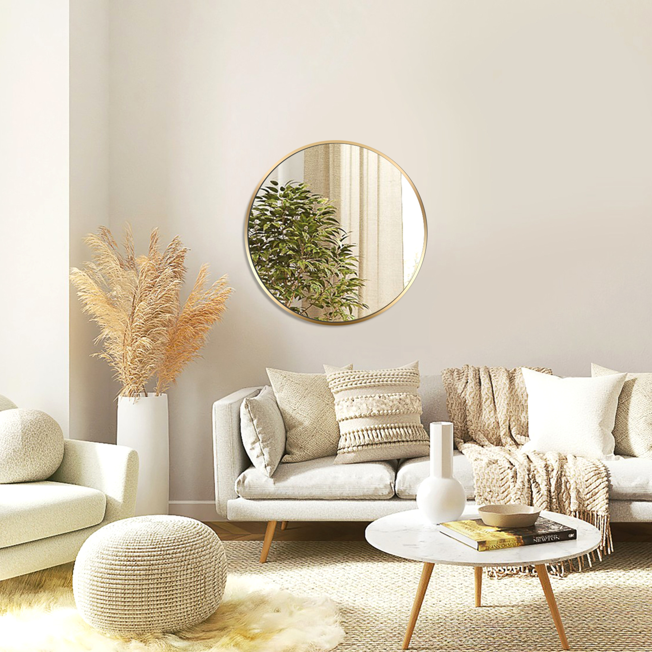 Noble House 16" Round Bathroom Wall Mirror, Aluminum Alloy Frame, HD Shatterproof Glass, Gold