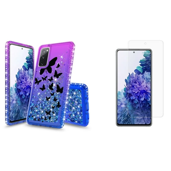 Bemz Liquid Quicksand Case for Samsung Galaxy S20 FE (with 2 Pack of Tempered Glass Screen Protectors and Touch Tool) - Butterfly Pattern (Purple/Blue)