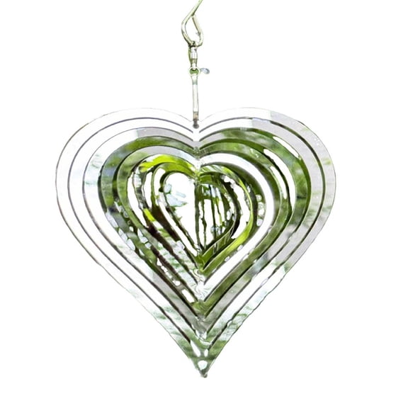 Reflective Silver Heart Wind Spinner Hanging Decor Mirror Metal Wind Chime Bird Deterrent Ornament for Backyard Patio Balcony Outdoor Garden Wall Hanging Accessory