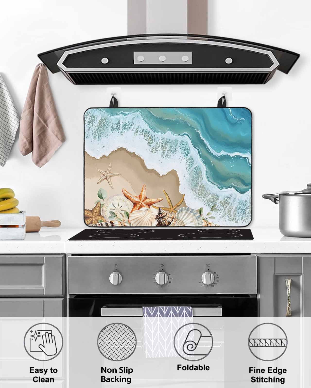 nqOlkjepod Large Induction Cooktop Protector Mat 24"x21", Coastal Beach Ocean Stove Top Covers for Electric Stove, Nautical Starfish Shells Conch Stove Burner Cover Mats, Glass Top Stove Cover