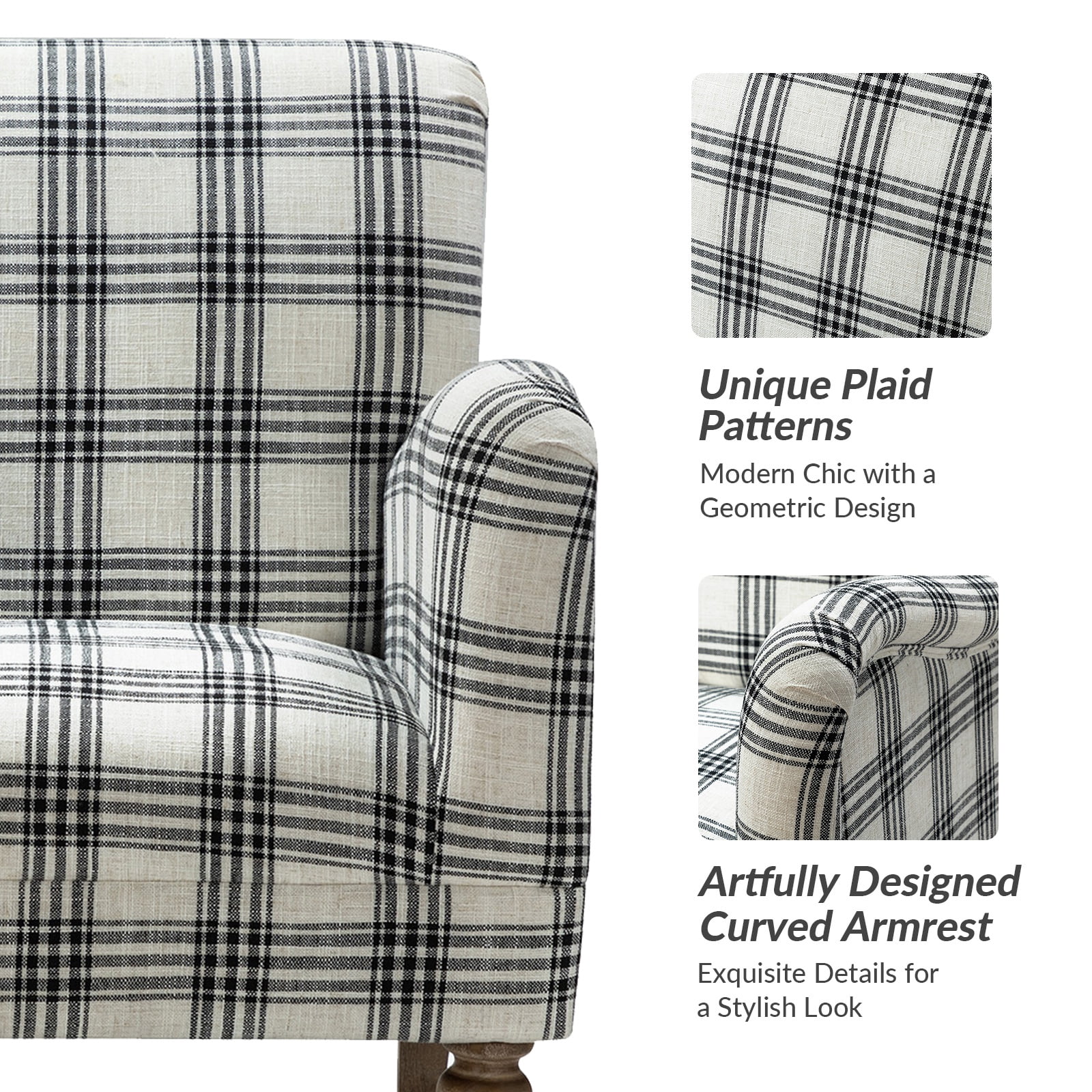 Modern Plaid Accent Chair Upholstered Black Armchair Adult Home Bedroom Living Room