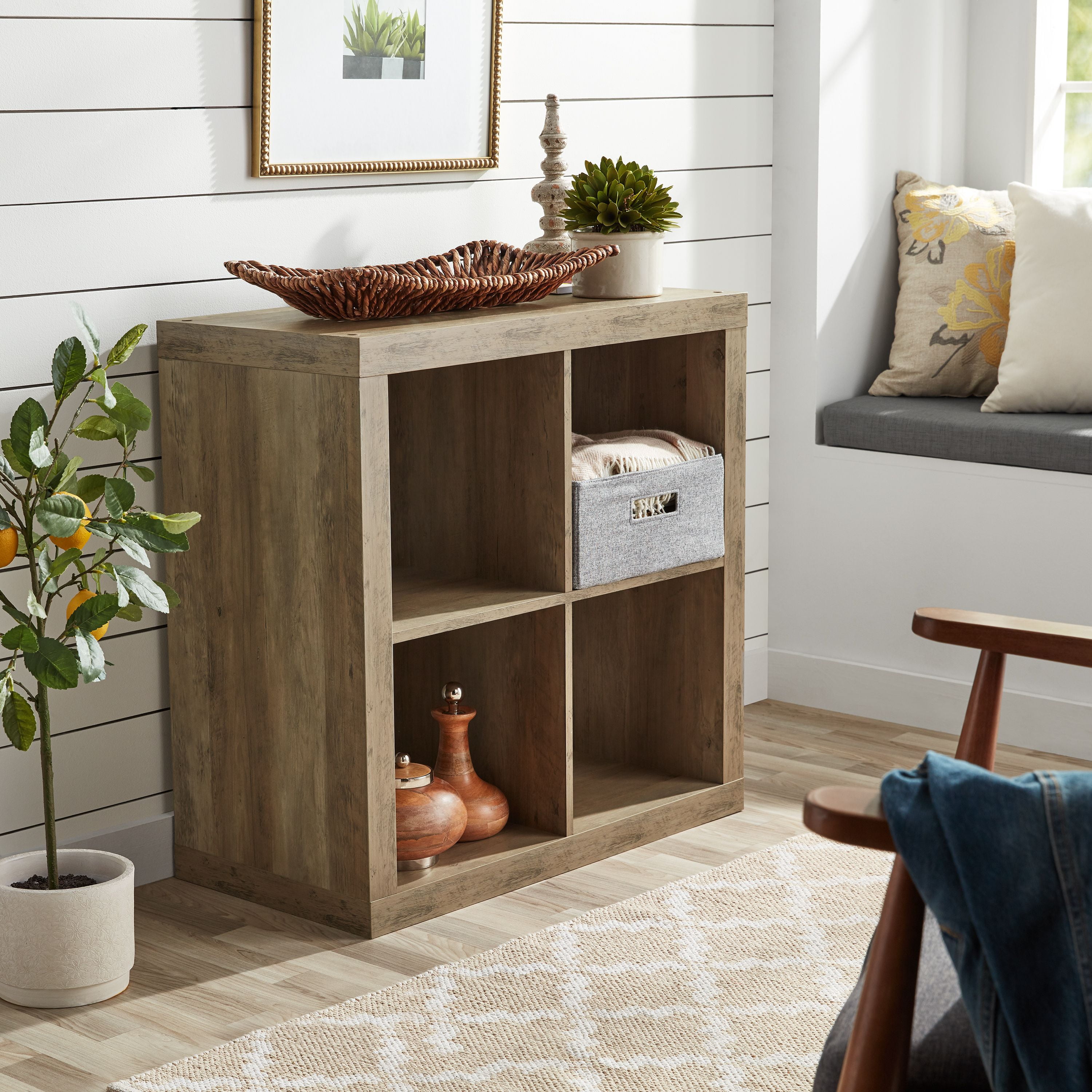 Better Homes and Gardens 4-Cube Storage Organizer Bench Bundle with Decorative Vase Espresso
