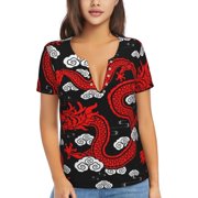 Women Short Sleeve Deep V Neck Tops T-Shirts Summer Tees, Chinese Dragon Asian Zodiac