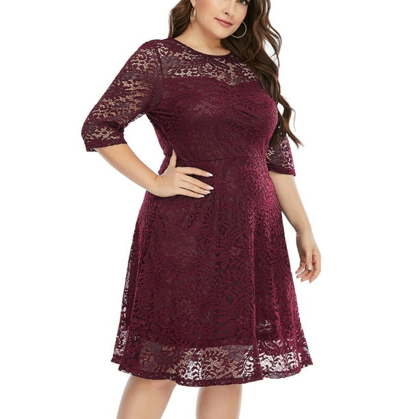 Odeerbi Dresses For Women 2025 Homecoming Dresses Evening Party Dresseses  Trendy Erogenous Round Neck Lace Short Sleeve Plus Size Dress Burgundy -  Walmart Business Supplies