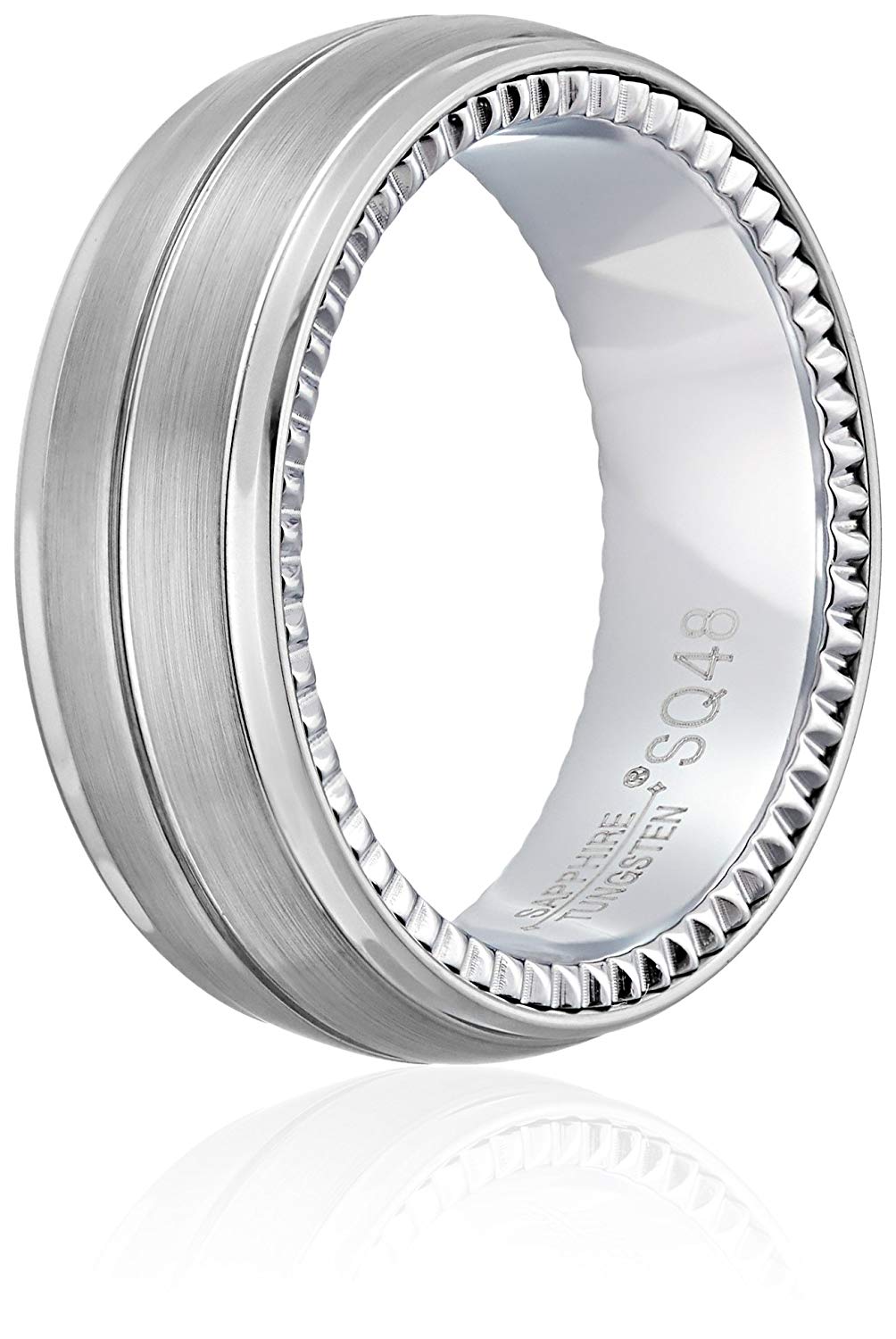 Men's Sapphire Tungsten Brushed and High Polish Finish 8mm Titanium Interior Groove Pattern Comfort Fit Wedding Band, Size 8