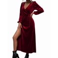 thumbnail image 1 of Robe en Velours à Manches Longues pour Femmes Col en V Vacances Cocktail Fête Semi-Formelle Midi Robes Rouge Vin m, 1 of 9