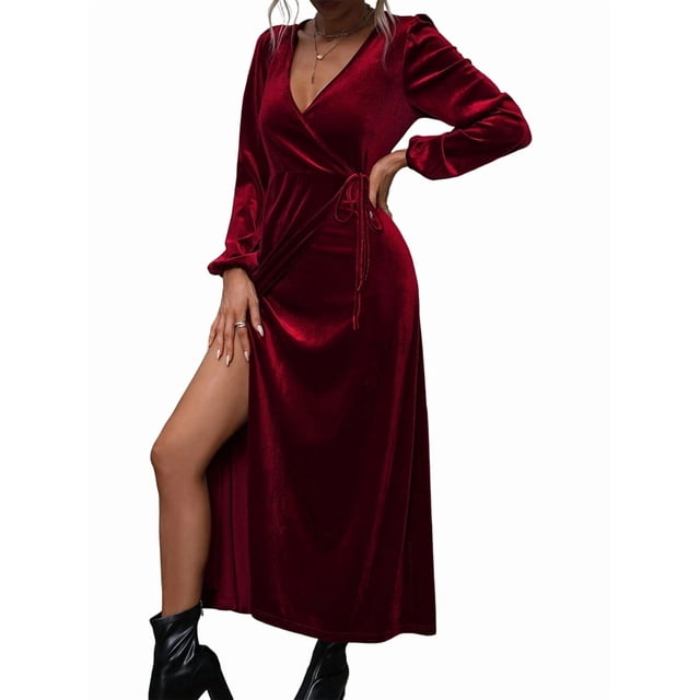 Robe en Velours à Manches Longues pour Femmes Col en V Vacances Cocktail Fête Semi-Formelle Midi Robes Rouge Vin m