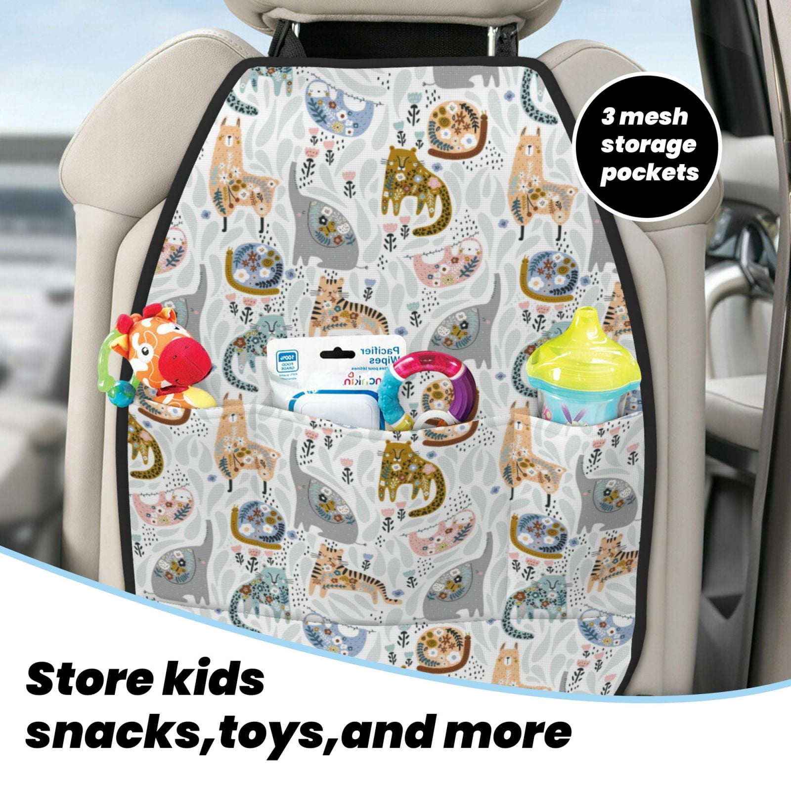 Xecao Cute Colorful Animal Pattern Car Seat Back Protector 2 Pack Large Capacity Pocket, Kick Mats Back Seat Protector