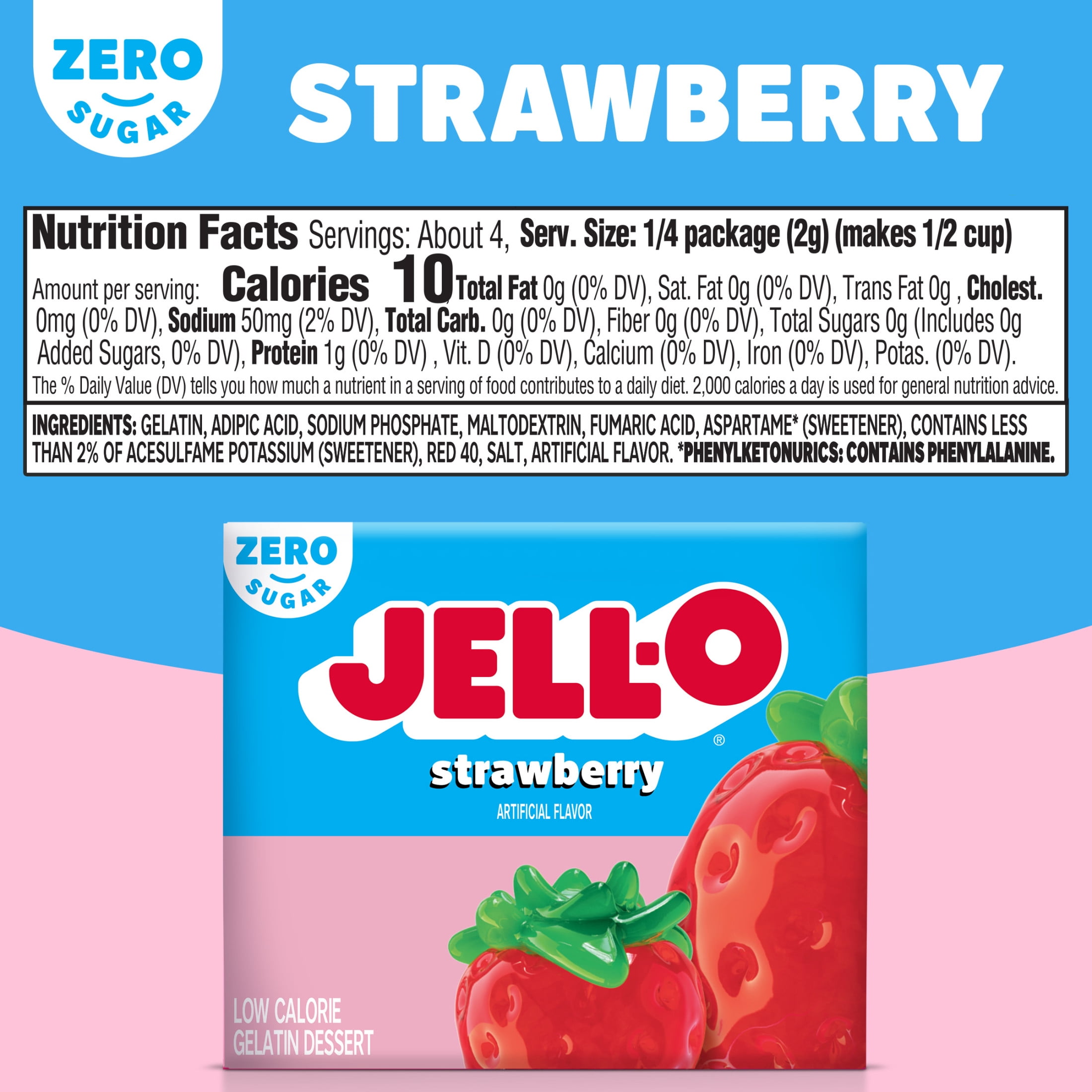 Jell-O Strawberry Zero Sugar Low Calorie Gelatin Dessert Mix, 0.3 oz Box