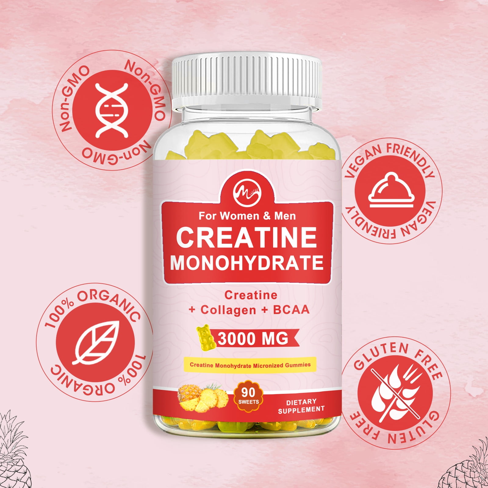 Creatine Monohydrate Gummies,Creatine Monohydrate Supplement for Men & Women,60 Pineapple Gummies(2 Pack)