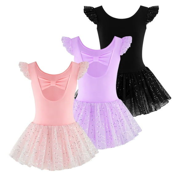 Emy Dola Kid Girls Ruffle Sleeve Ballet Skirted Leotard Shiny Dance Tutu Dresses Gymnastic Tulle Outfits