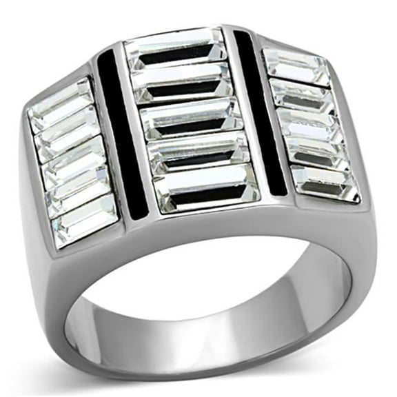 Men High Polished Stainless Steel Ring with Top Grade Crystal in Clear - Size 8