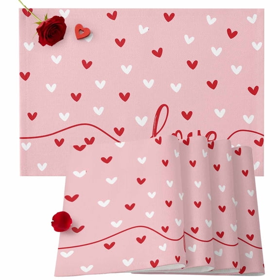Valentine's Day Placemats Set of 6, Love Heart Place Mats Pink Red Heart Tablemats Washable Placemat Table Decoration for Kitchen Table Dinner Wedding Party Home Decor Indoor Outdoor 13x19 Inch