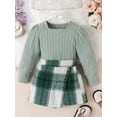 thumbnail image 3 of Pudcoco Kids Girl Fall Outfits Solid Color Square Neck Long Sleeve Tops Buttons Mini Plaid Skirts 2Pcs Clothes Set, 3 of 8