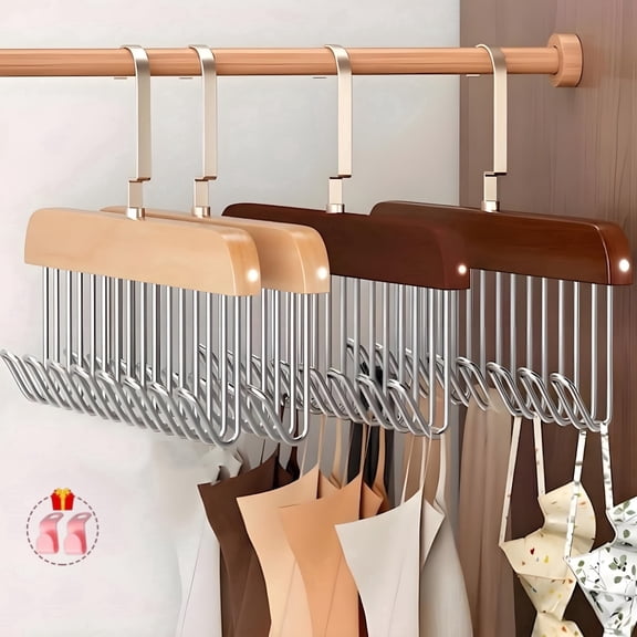 4 Pack Wooden Belt Hanger with 6 Hooks, Multi Use Closet Organizer for Belts, Ties, Scarves, Bras, Tank Tops