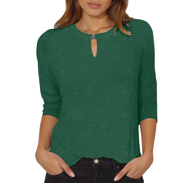 Camiseta con cuello volado para mujer: manga tres cuartos, color liso, prenda informal para interior/exterior, tallas S/XXL.