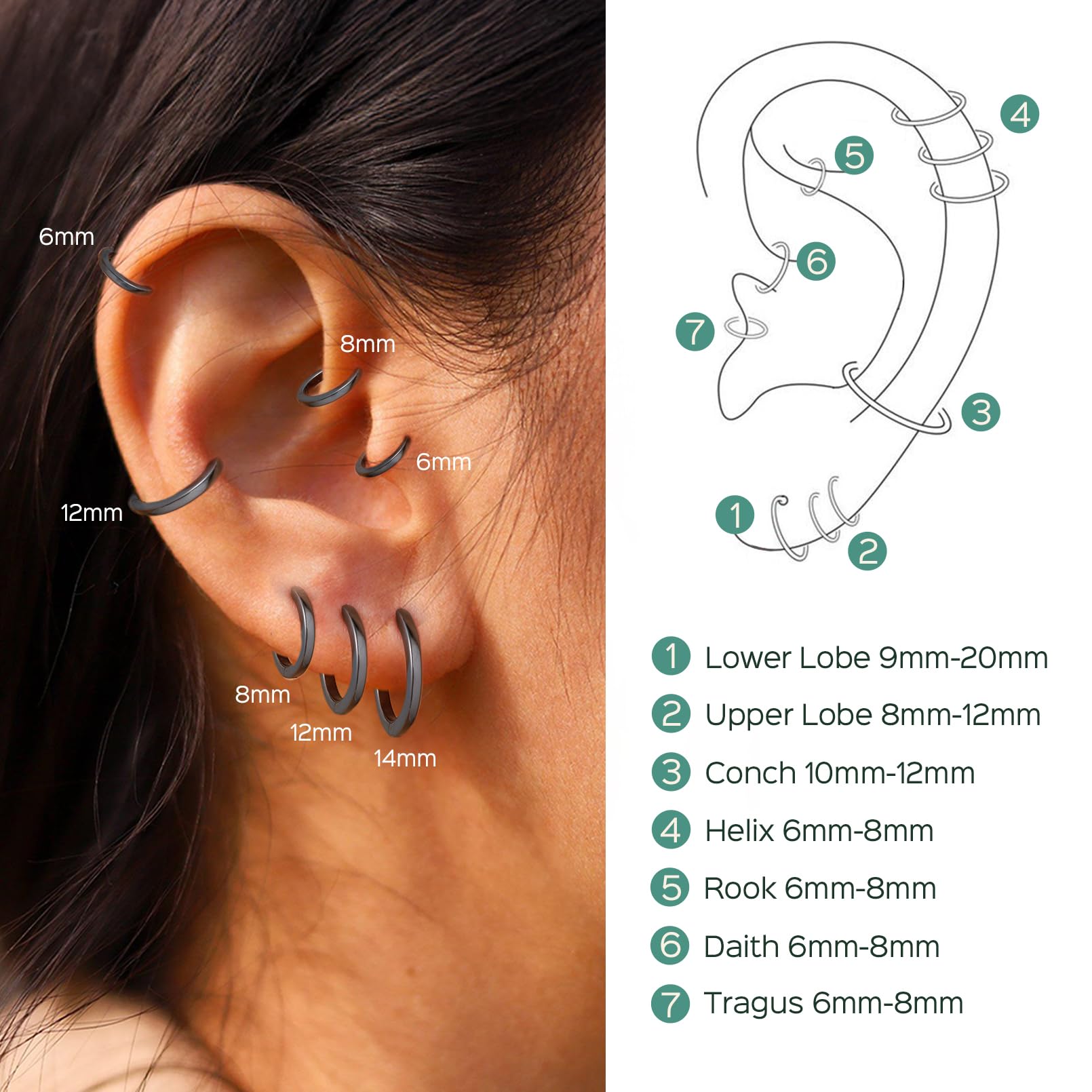 ChicSilver Hypoallergenic Black Huggie Earrings for Women Small Black Hoop Earrings for Women Sterling Silver Earring 18MM