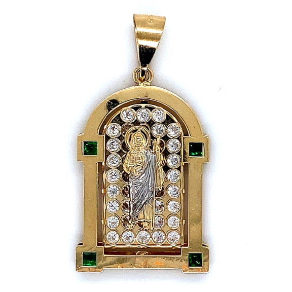 14K GREEN AND WHITE CZ STONE SAN JUDAS PENDANT