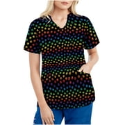 Snorda Womens Scrubs Tops Short Sleeve V-neck Tops Working Uniform Tie-Dye Gradient Rainbow Floral Print With Fours Pockets Clearance