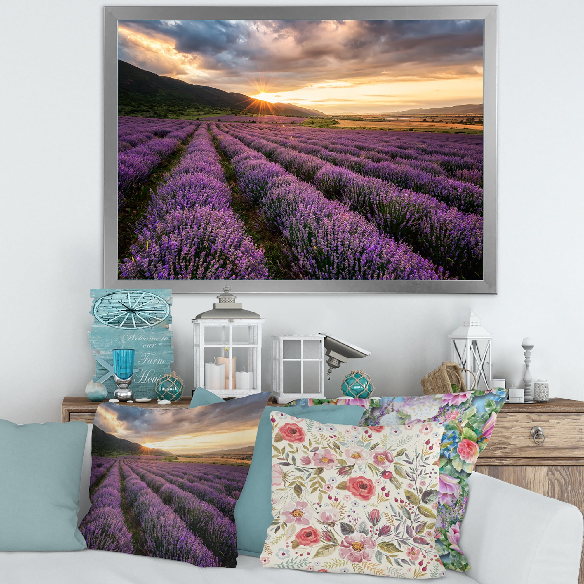 Designart 'Dramatic Clouds and Sunrise Over Lavender Field VI' Farmhouse Framed Art Print