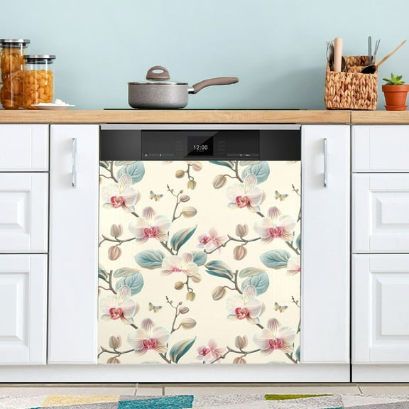 Dishwasher Magnet Cover Magnetic Fridge Door Cover Home Kitchen Decor Orchid Flower and Butterfly 23"x 26"