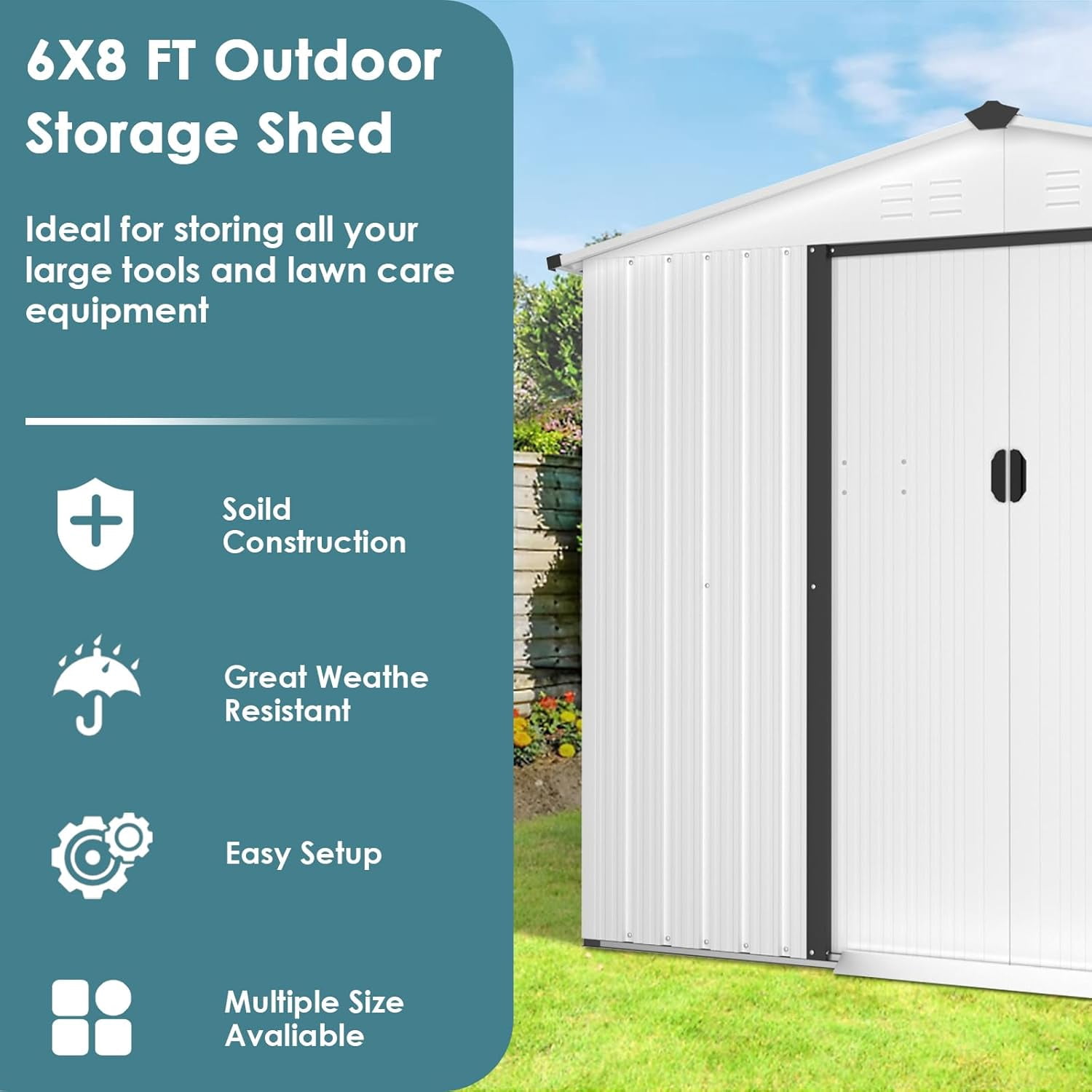 SOLAURA 8'x6' Outdoor Metal Storage Shed Garden Tool Shed with Sliding Door - White