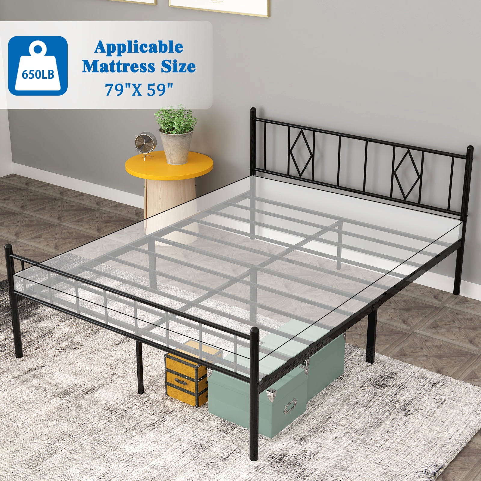 MAYEERTY 14"H Queen Size Metal Bed Frames with Iron-Art Headboard, Footboard, No Box Spring Needed, Black
