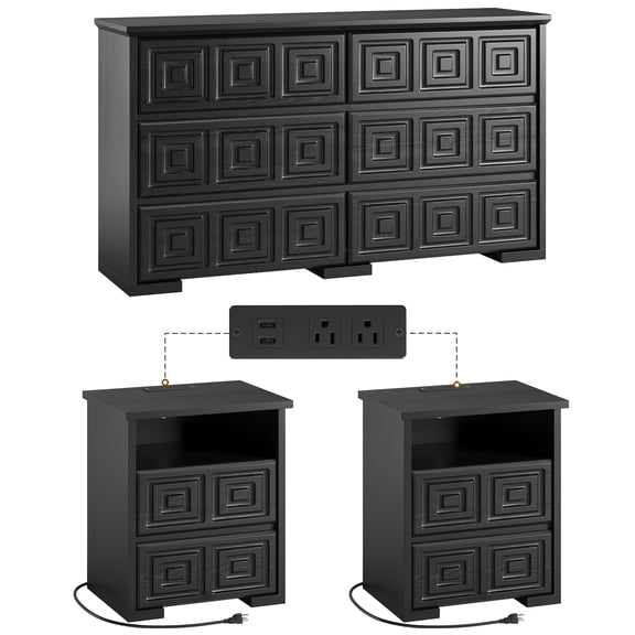 Aufeile Dresser and Nightstand 3 Piece Set - Includes Double 6 Drawer Farmhouse Dresser, Nightstand Set of 2 with Charging Station, Vintage Bedroom Set, Black