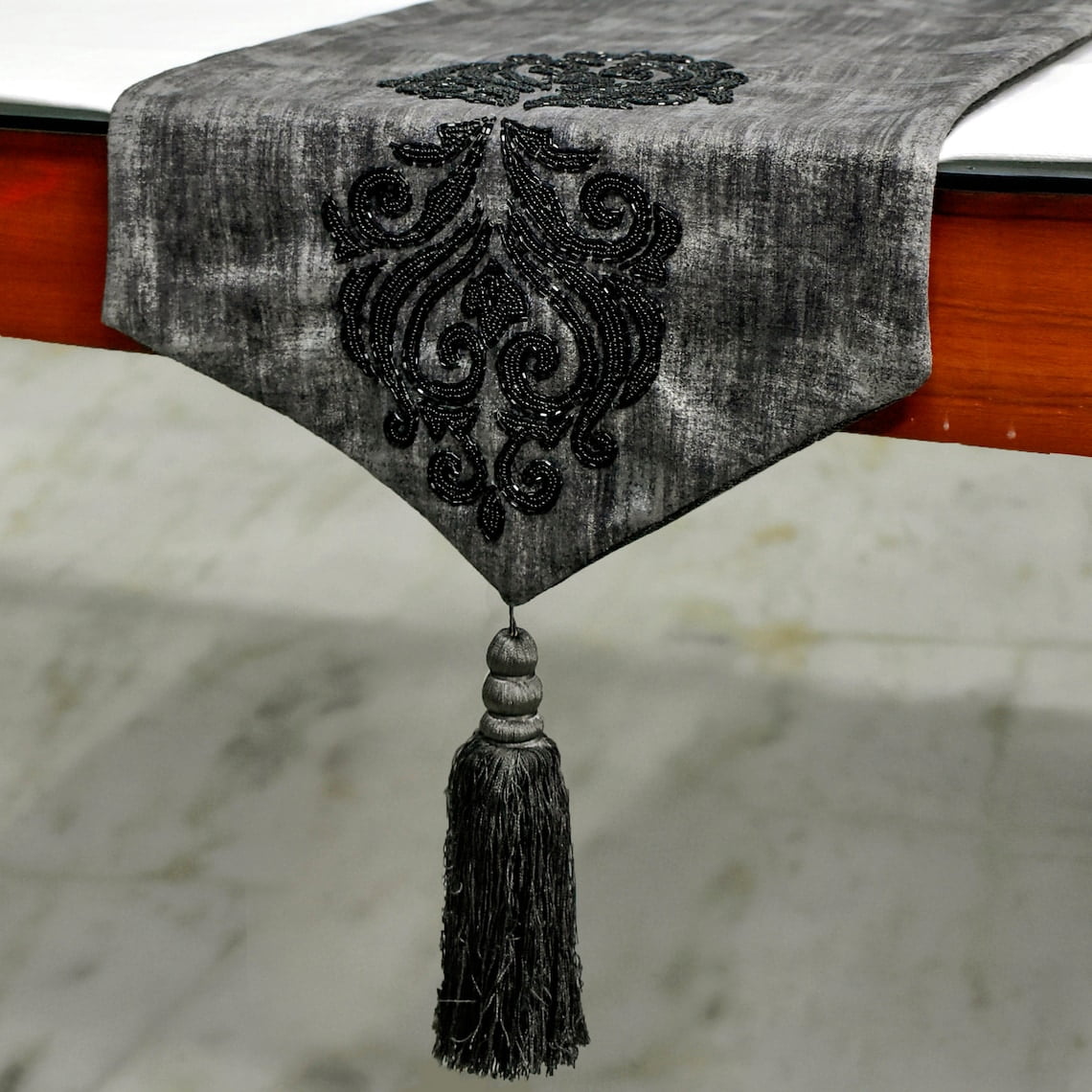 The HomeCentric Decorative Grey Table Runner 8 Seater Table Runner (16 x 108 inch) Grudge, Foil, Beaded, Damask & Tassels Table Runner, Suede fabric Table Linen, Damask Modern - Ayaat