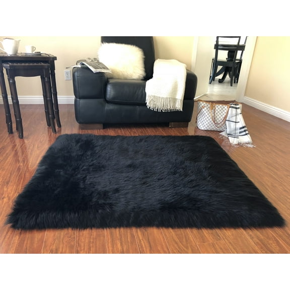 Soho Luxurious Faux Sheepskin Black Shag Area Rug or Runner