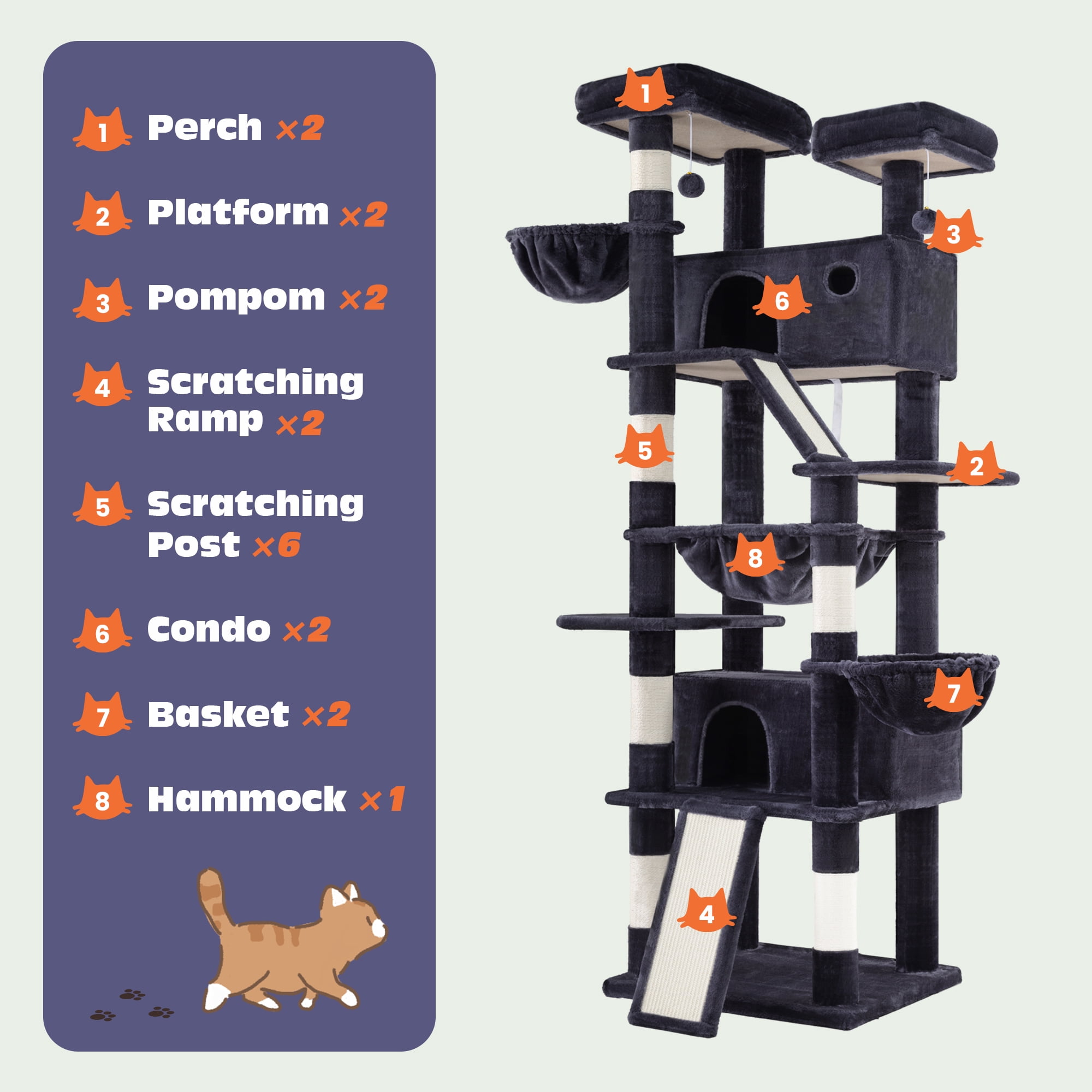 Sifurni 81" Multi-Level Tall Cat Tree Tower for Large Cat with Cat Condo and Hammock, Scratching Post & Scratching Ramp, Blue