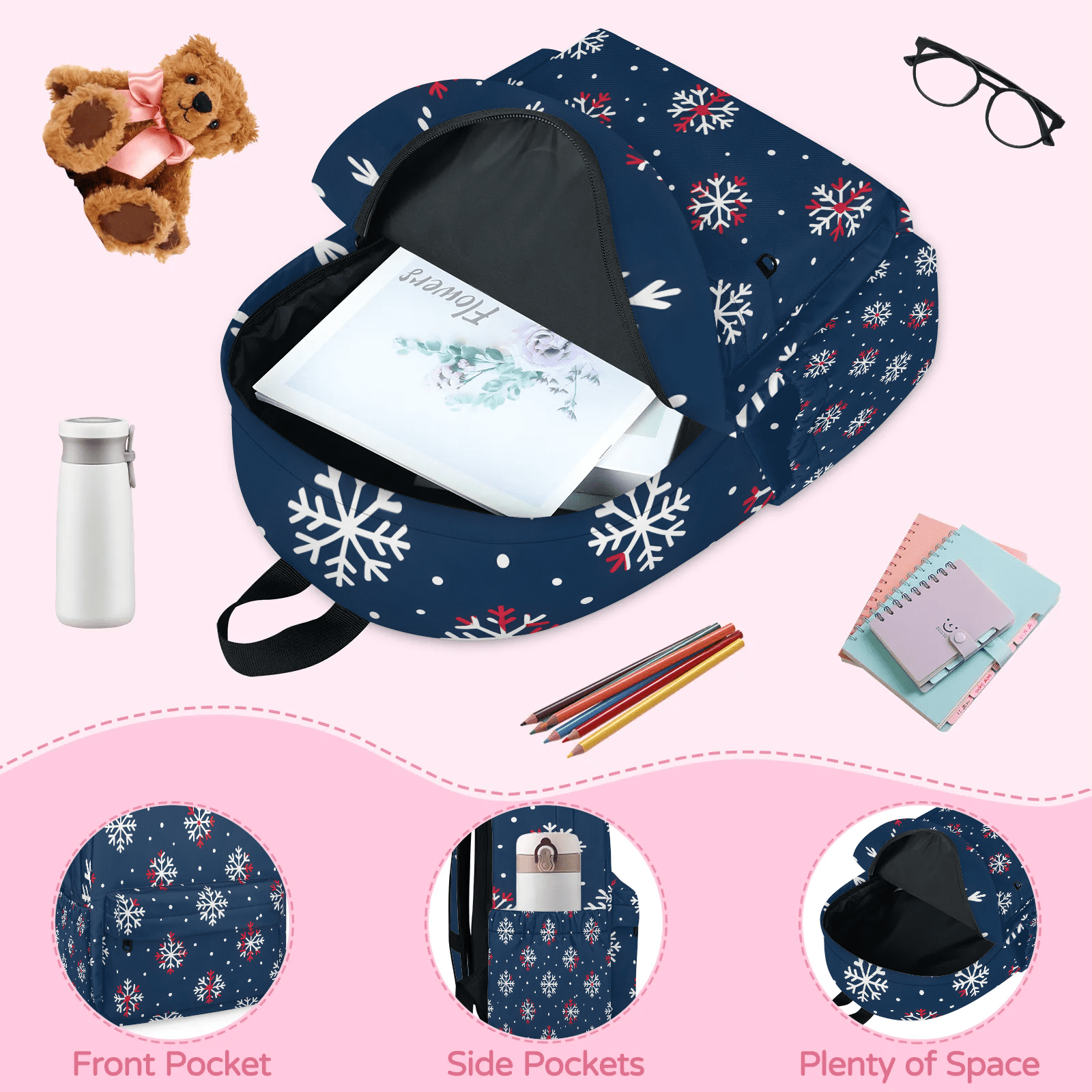 Herdesigns Christmas Snowflake Backpack for Men Women, Lightweight Laptop Backpack 16.3 Inch Winter Casual Daypack for Travel Work Commuter
