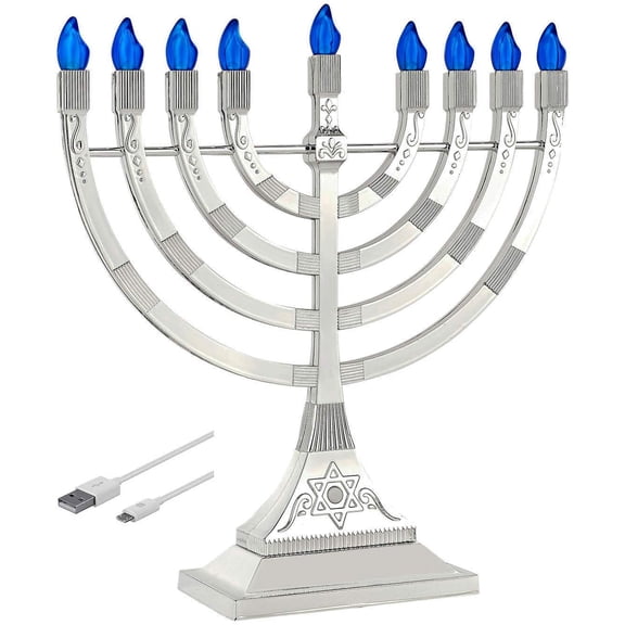 Electric Chanukah Menorah with Flame Shaped LED Bulbs - Batteries or USB Powered Electronic Minorah - 4' Cable Included Hanukkah Battery Menorahs by Zion Judaica (Silver)