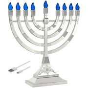 Electric Chanukah Menorah with Flame Shaped LED Bulbs - Batteries or USB Powered Electronic Minorah - 4' Cable Included Hanukkah Battery Menorahs by Zion Judaica (Silver)