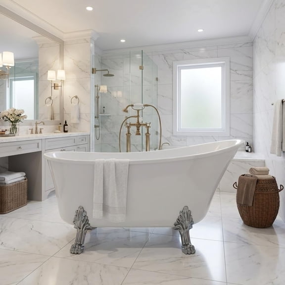 Senfot 59 Inch Acrylic Clawfoot Slipper Freestanding Soaking Tub with Chrome Feet Pop-Up Drain Vintage Bathtub for Classic and Farmhouse Bathroom White