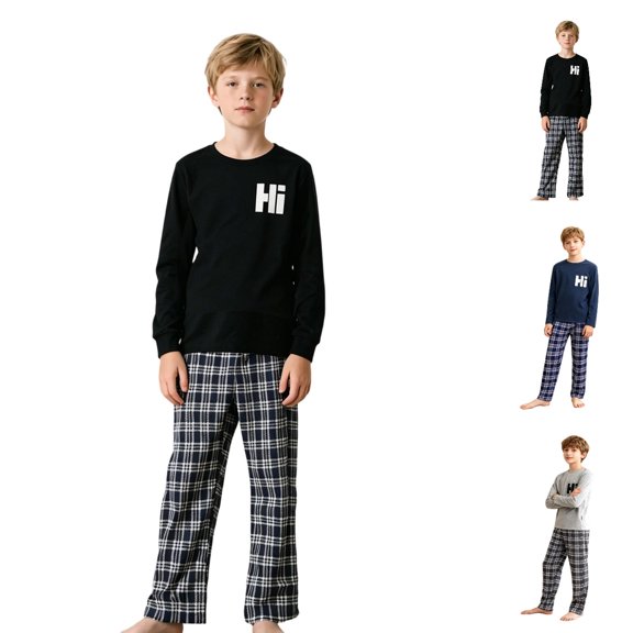 UJNDER Boys Solid Color Round Neck Long Sleeve Top and Pants Soft Breathable Loungewear Pajama Set for Toddler Youth Boys Pajamas,Black,4-5 Years