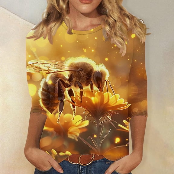 Bee Print Tops for Women Womens 3/4 Sleeve Tops Petite Summer Shirts for Women 2026 Vacation Plus Womens Summer Tops V Neck Tight Women T Shirts Graphic Tees my items
