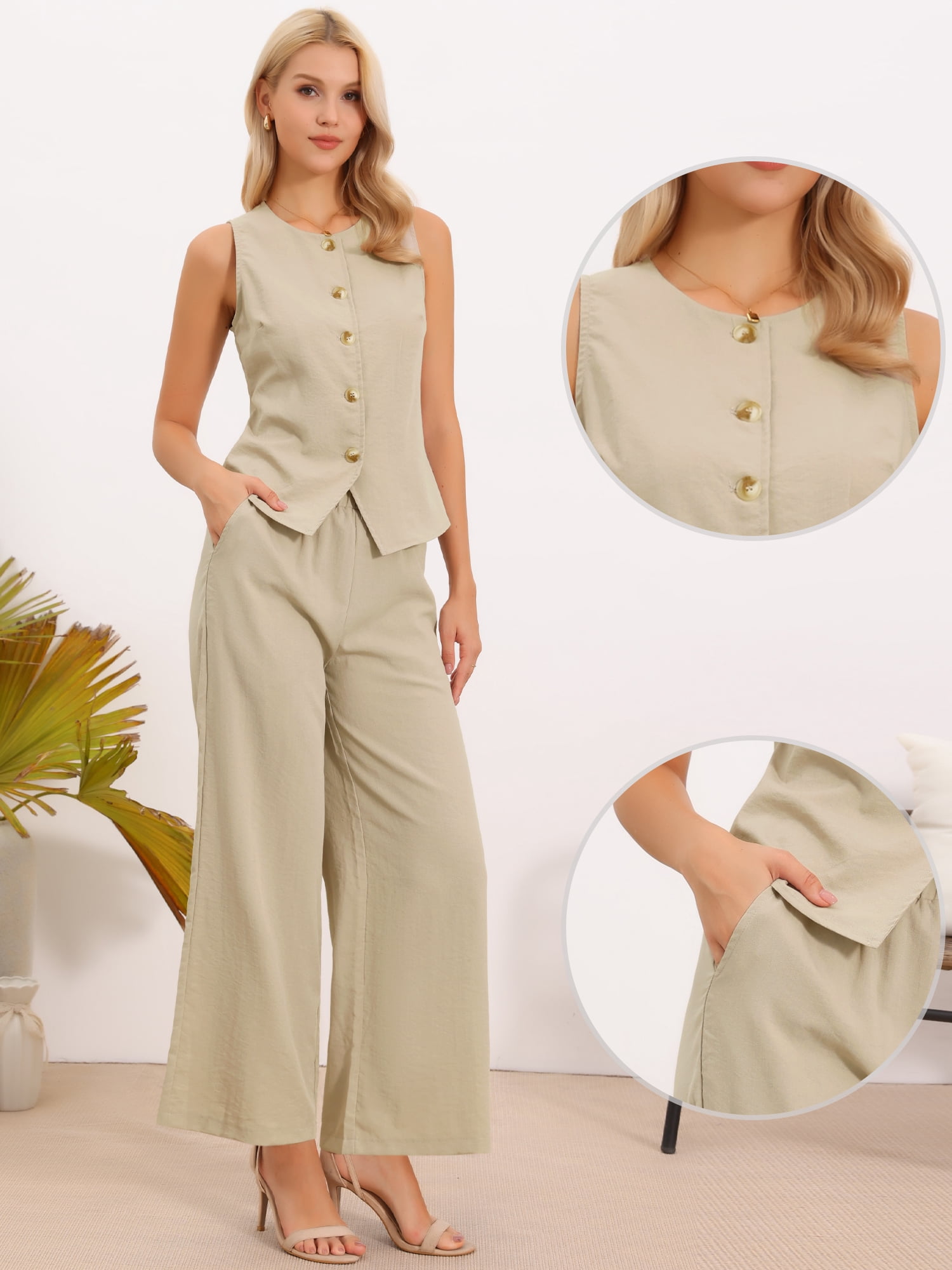 DARING DIVA 2Pcs Women's Outfits Dressy Wide Leg Pant SuitCasual Set XL Khaki