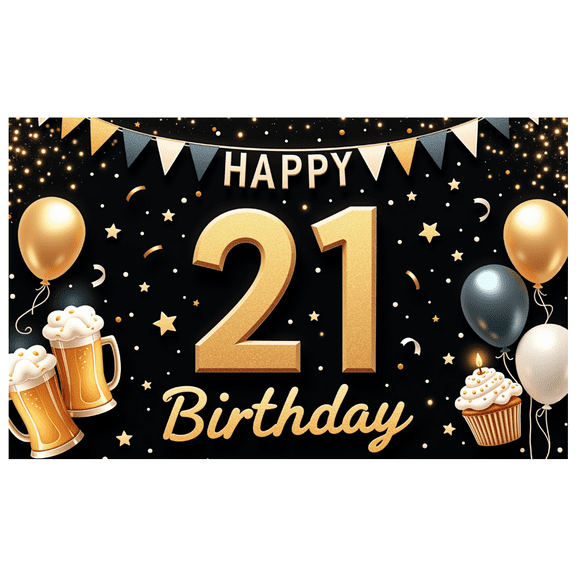 Golden Theme Happy 21 Birthday Banner Decorative Design Party Celebration Event Decoration for Adult Birthday Beer Celebration Milestone Party